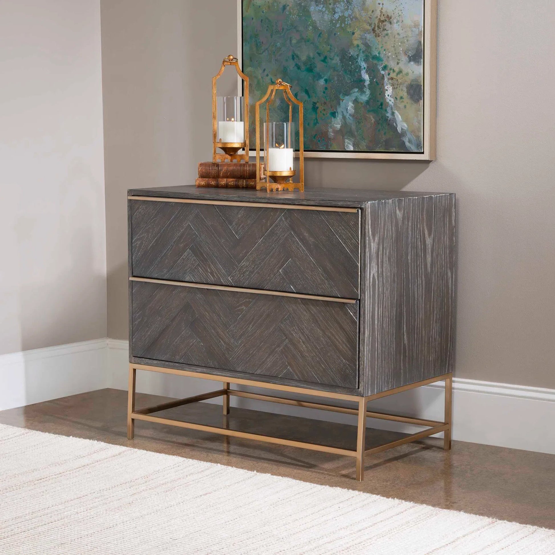 Armistead Drawer Chest by Uttermost in walnut. Made from oak veneer, steel, mdf in a modern style.