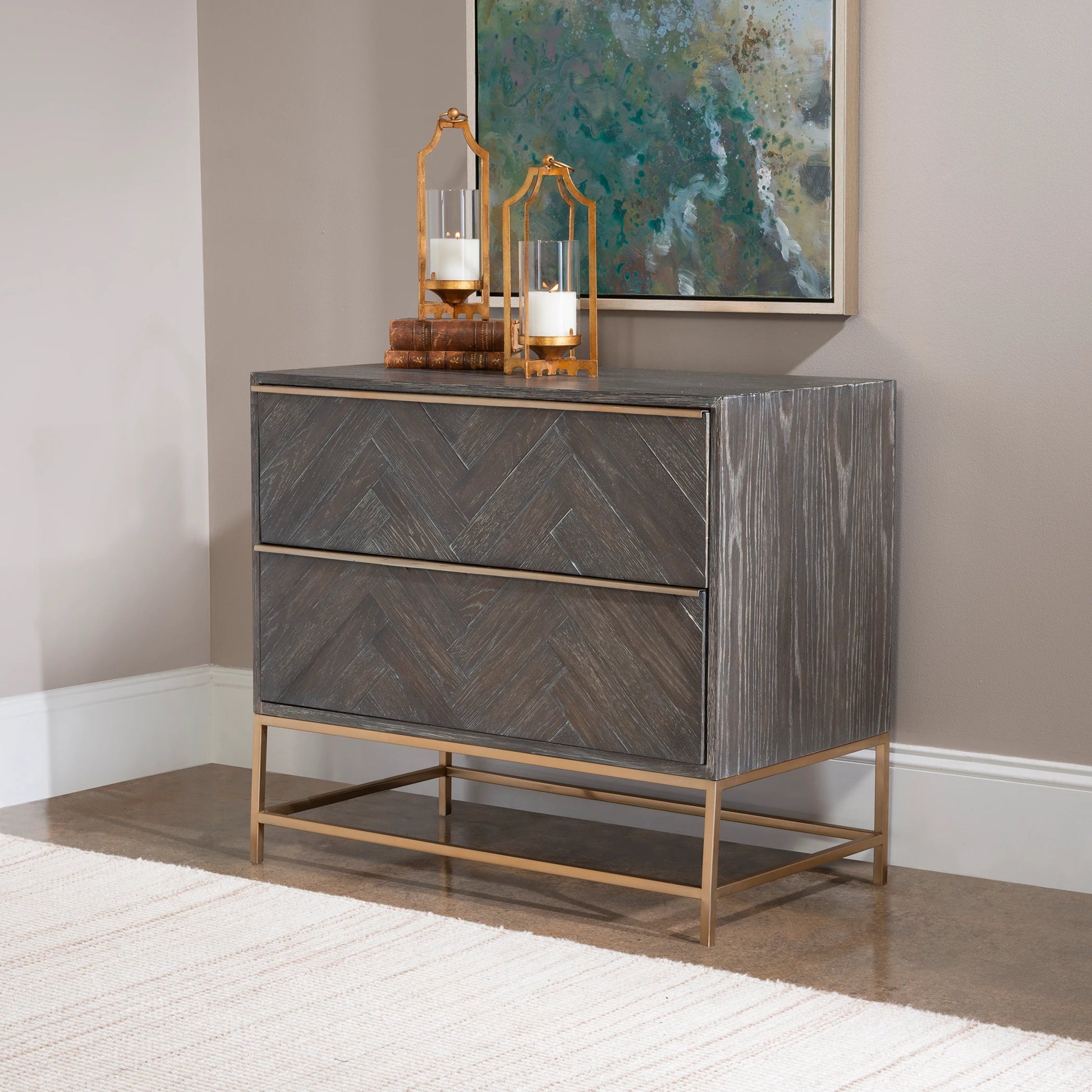 Armistead Drawer Chest by Uttermost in walnut. Made from oak veneer, steel, mdf in a modern style.