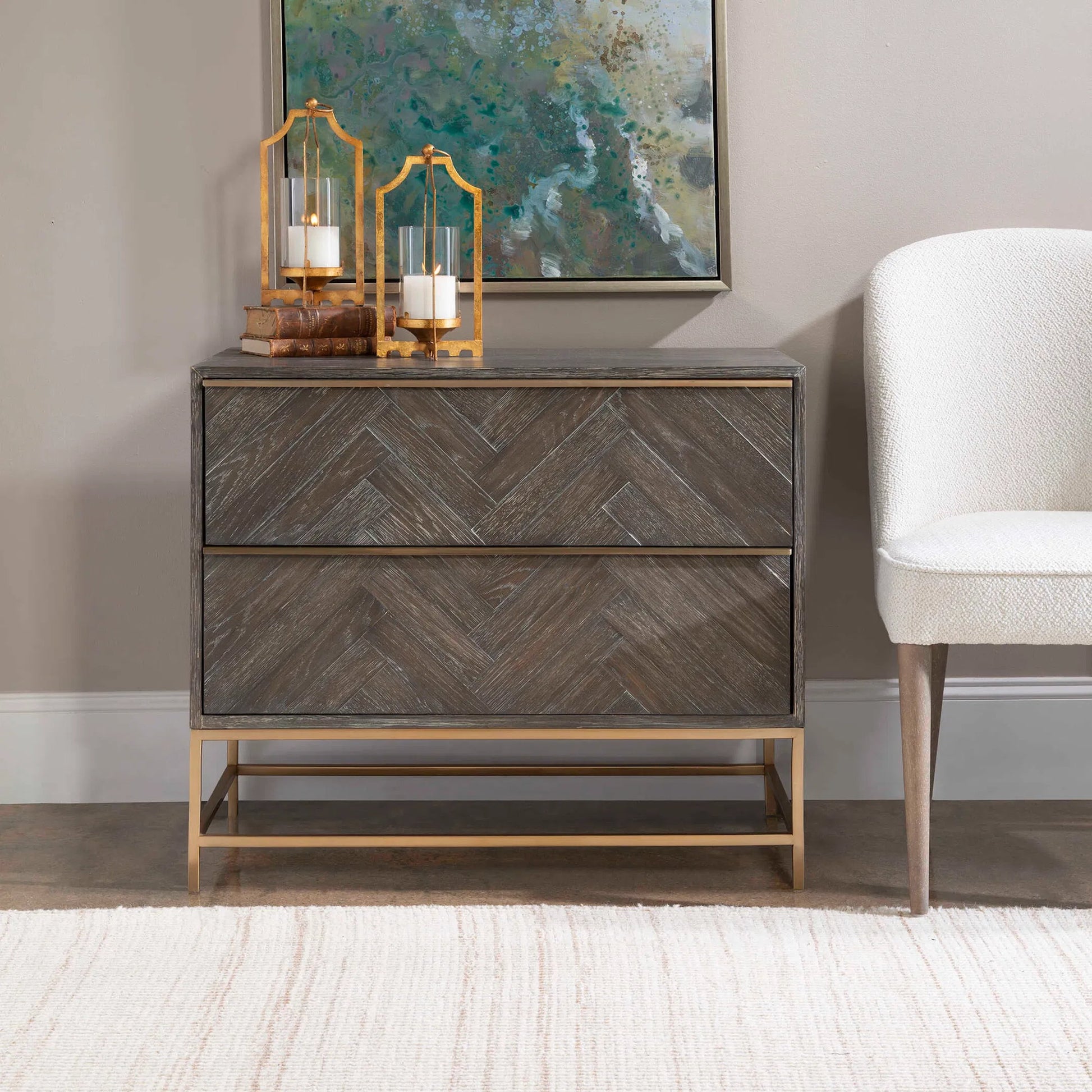 Armistead Drawer Chest by Uttermost in walnut. Made from oak veneer, steel, mdf in a modern style.