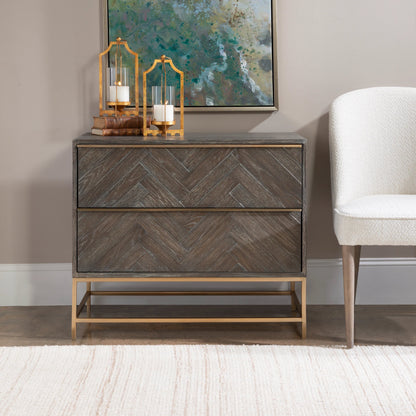 Armistead Drawer Chest by Uttermost in walnut. Made from oak veneer, steel, mdf in a modern style.