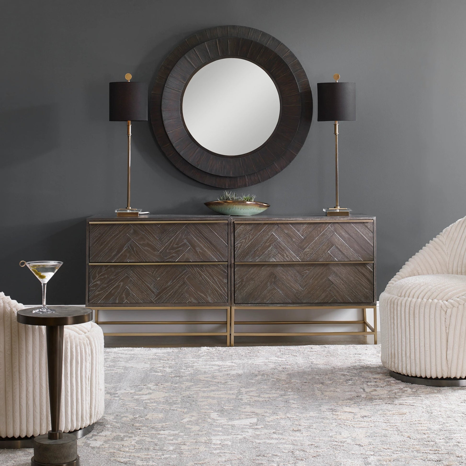 Armistead Drawer Chest by Uttermost in walnut. Made from oak veneer, steel, mdf in a modern style.