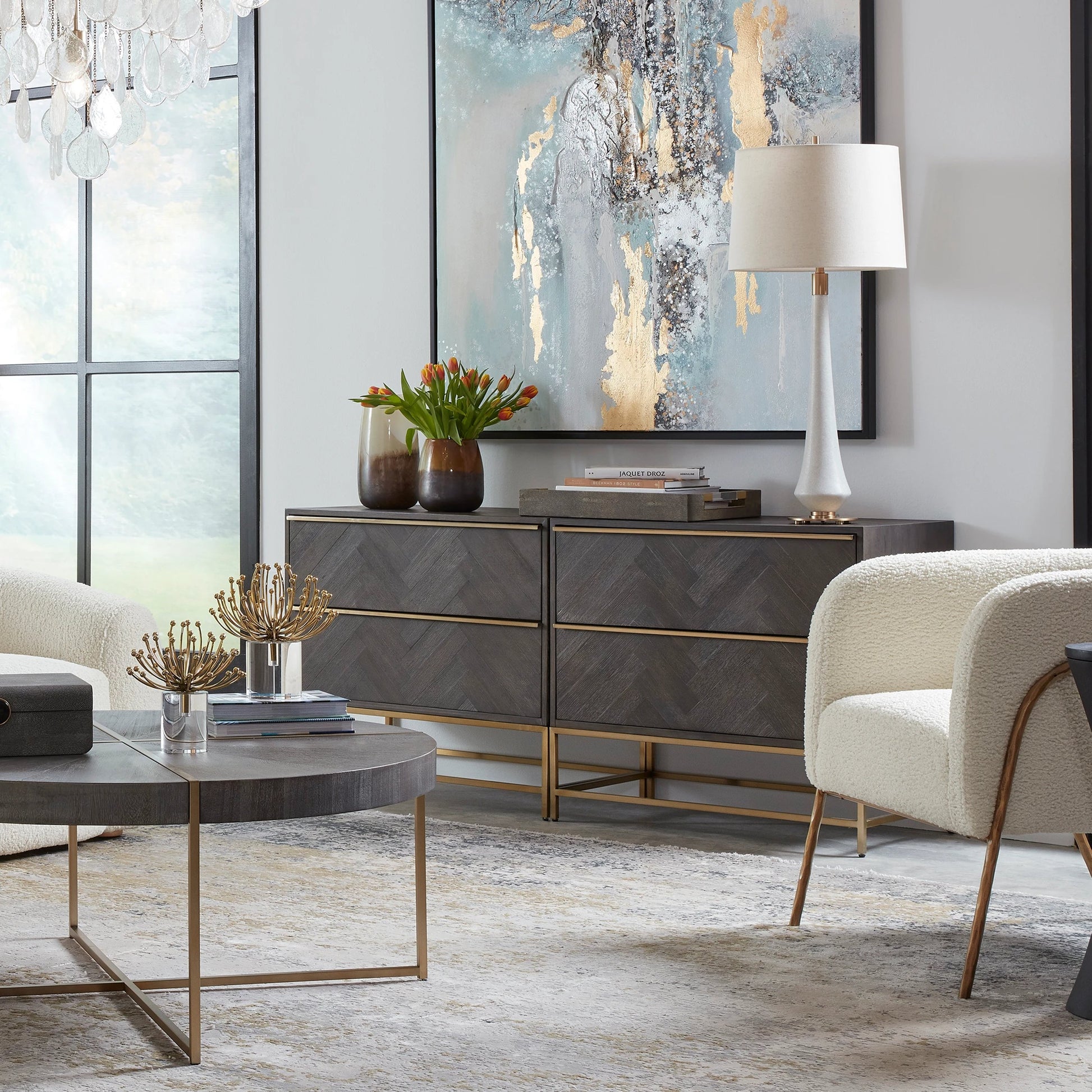 Armistead Drawer Chest by Uttermost in walnut. Made from oak veneer, steel, mdf in a modern style.