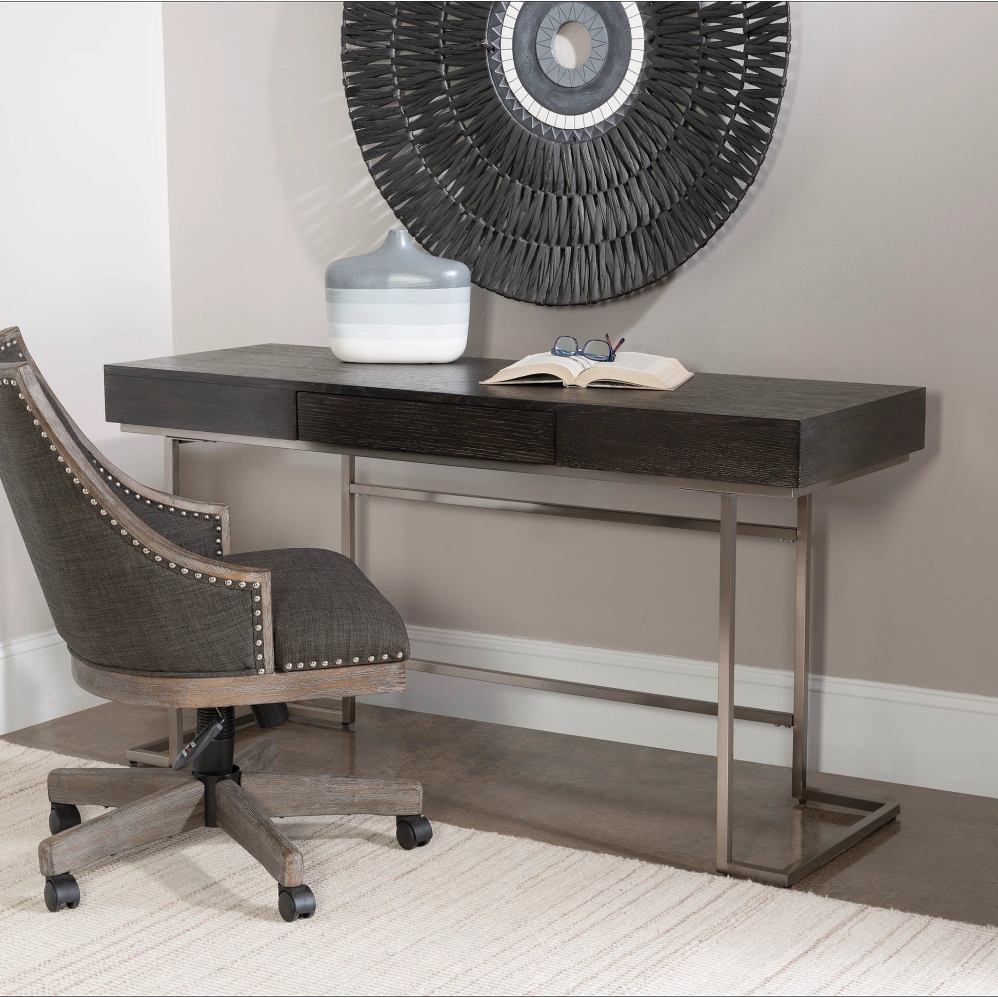 Claude Modern Oak Desk by Uttermost. Made from mdf, oak veneer, steel in a modern style.