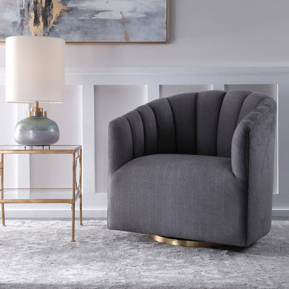 Cuthbert Modern Swivel Chair by Uttermost. Made from stainless steel, plywood, hardwood, foam, fabric in a transitional style.