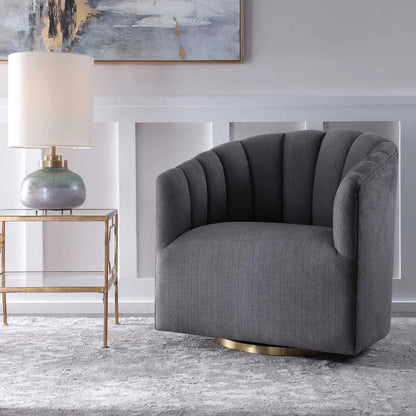 Cuthbert Modern Swivel Chair by Uttermost. Made from stainless steel, plywood, hardwood, foam, fabric in a transitional style.