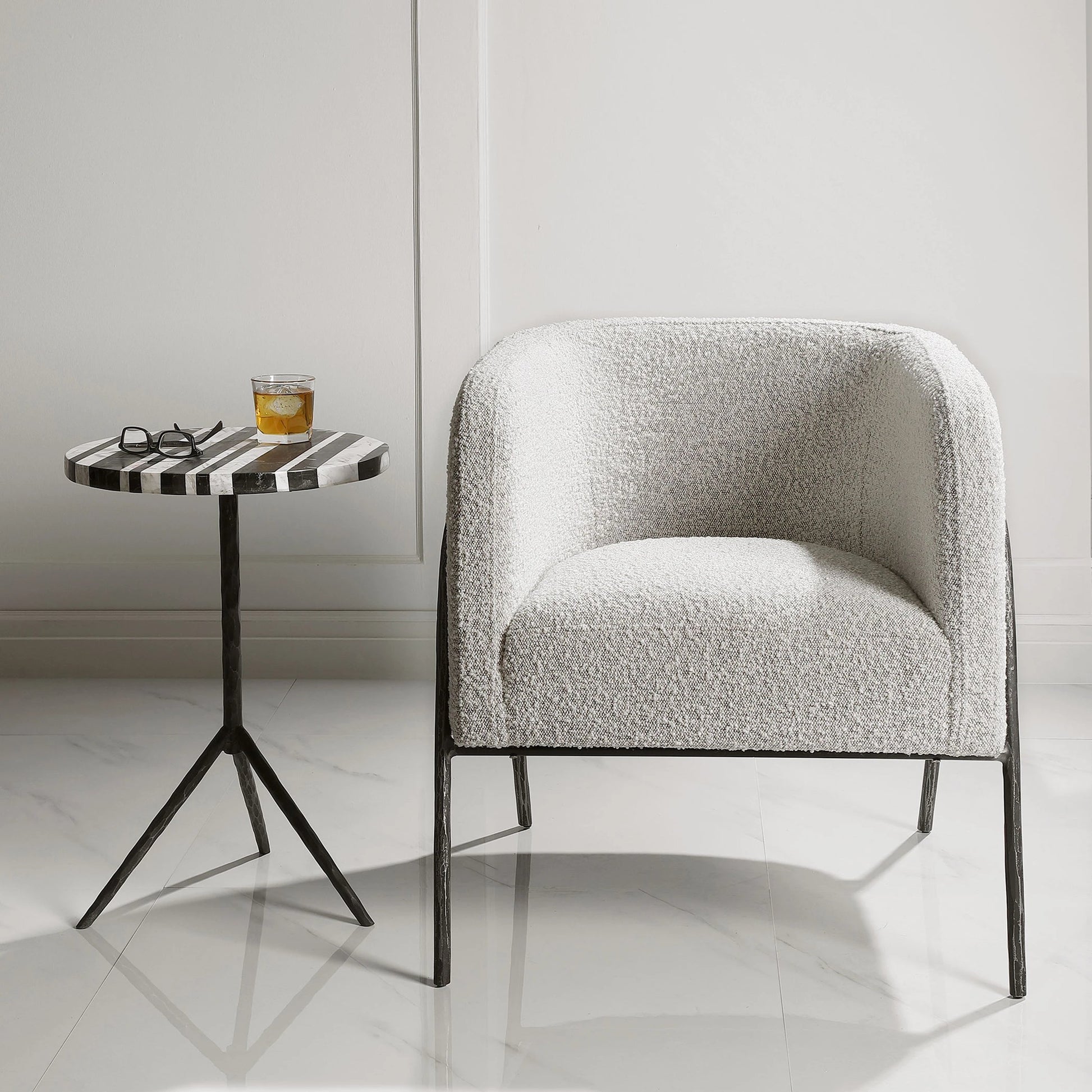 Jacobsen Accent Chair by Uttermost in ivory, warm gray and iron. Made from fabric, foam, plywood, iron in a modern style.