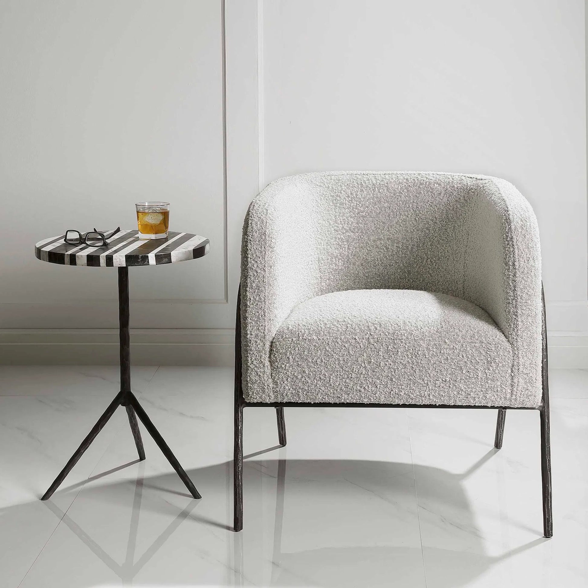 Jacobsen Accent Chair by Uttermost in ivory, warm gray and iron. Made from fabric, foam, plywood, iron in a modern style.