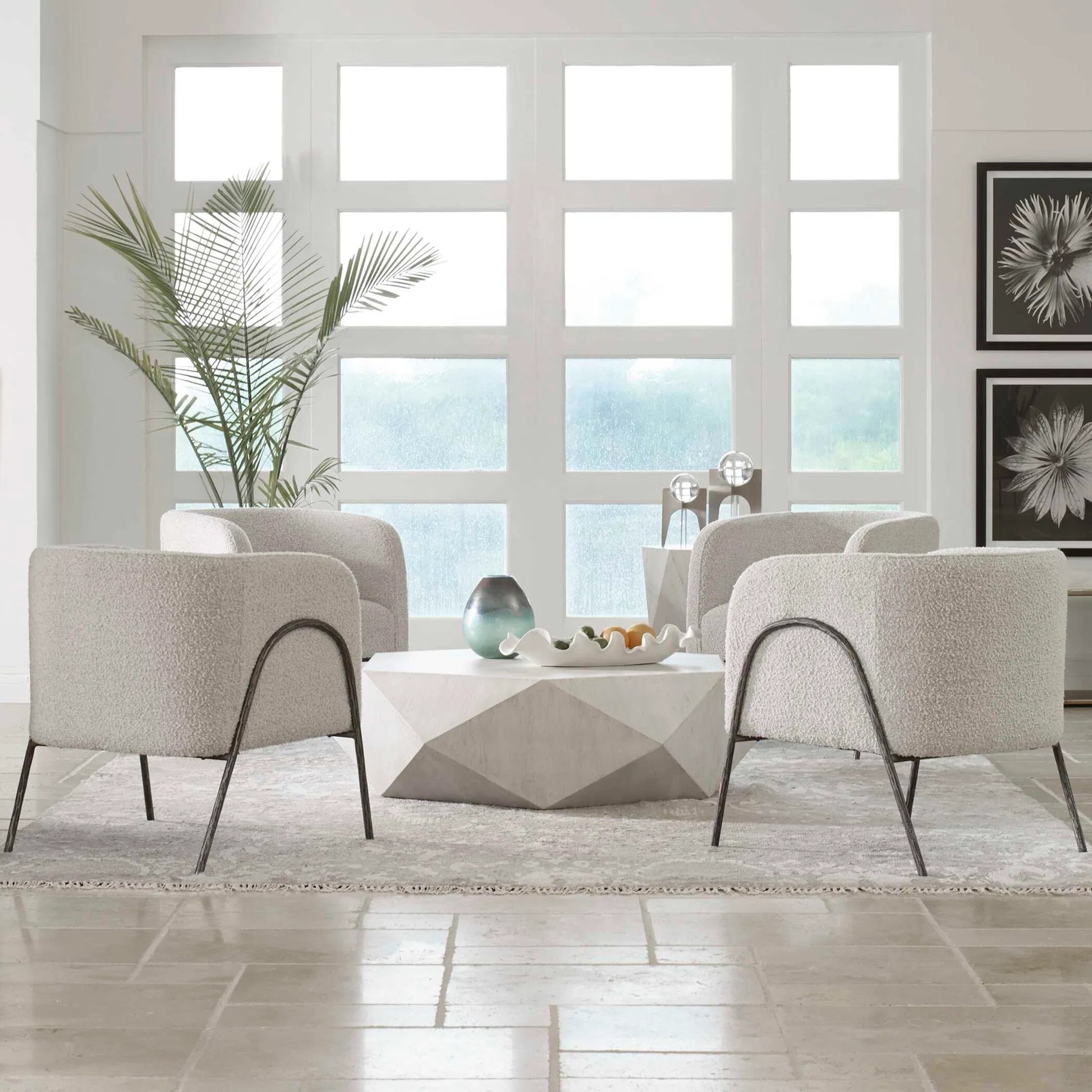 Jacobsen Accent Chair by Uttermost in ivory, warm gray and iron. Made from fabric, foam, plywood, iron in a modern style.