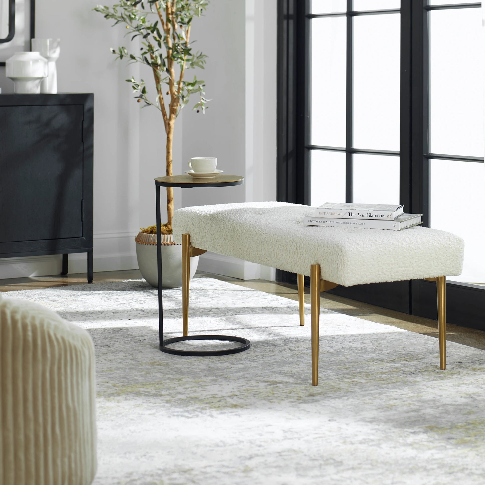Olivier Bench by Uttermost. Made from stainless steel, fabric, plywood, foam in a modern style.