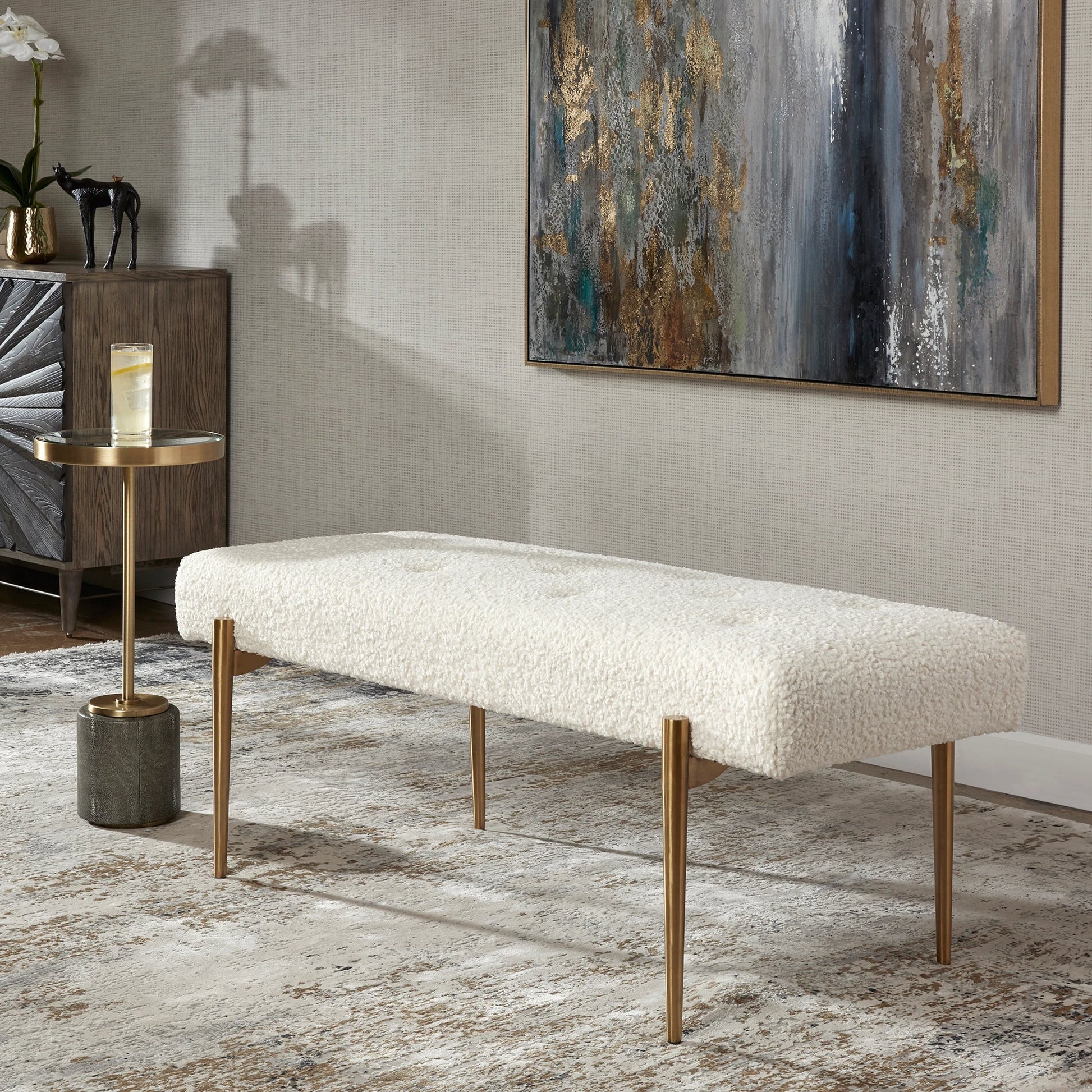Olivier Bench by Uttermost. Made from stainless steel, fabric, plywood, foam in a modern style.