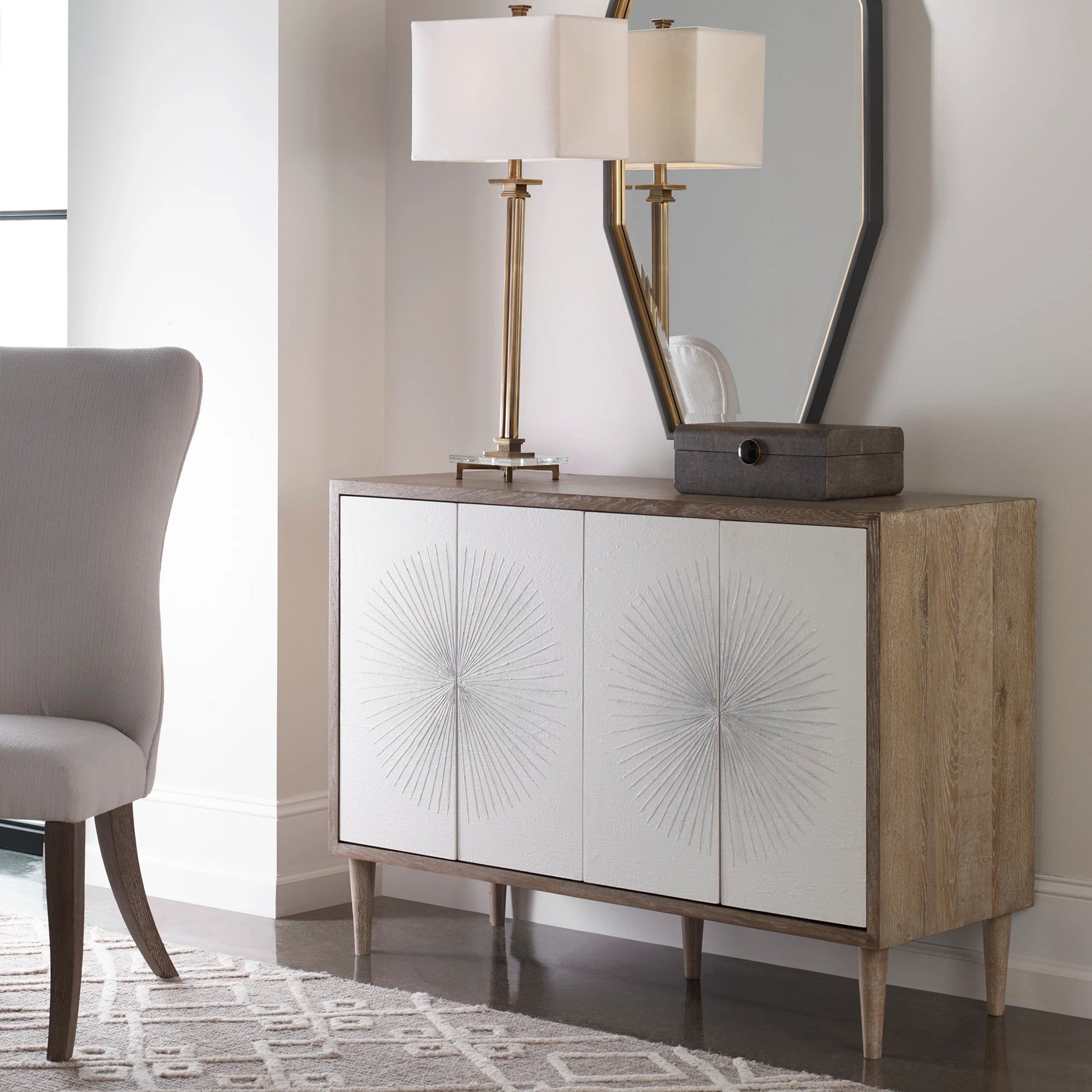 Dani Cabinet by Uttermost in white. Made from rubber wood, plywood, mdf, oak veneer in a modern style.