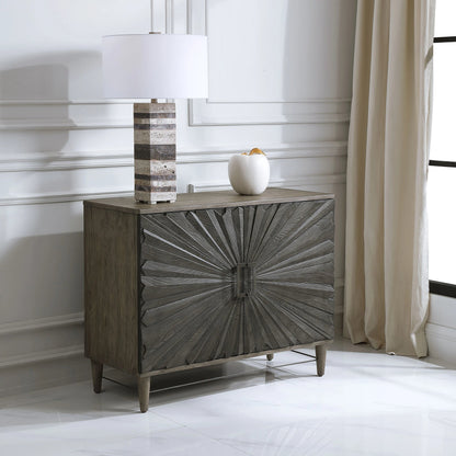 Shield Cabinet by Uttermost in gray. Made from rubber wood, oak veneer, mdf, particle board, steel in a eclectic & global style.