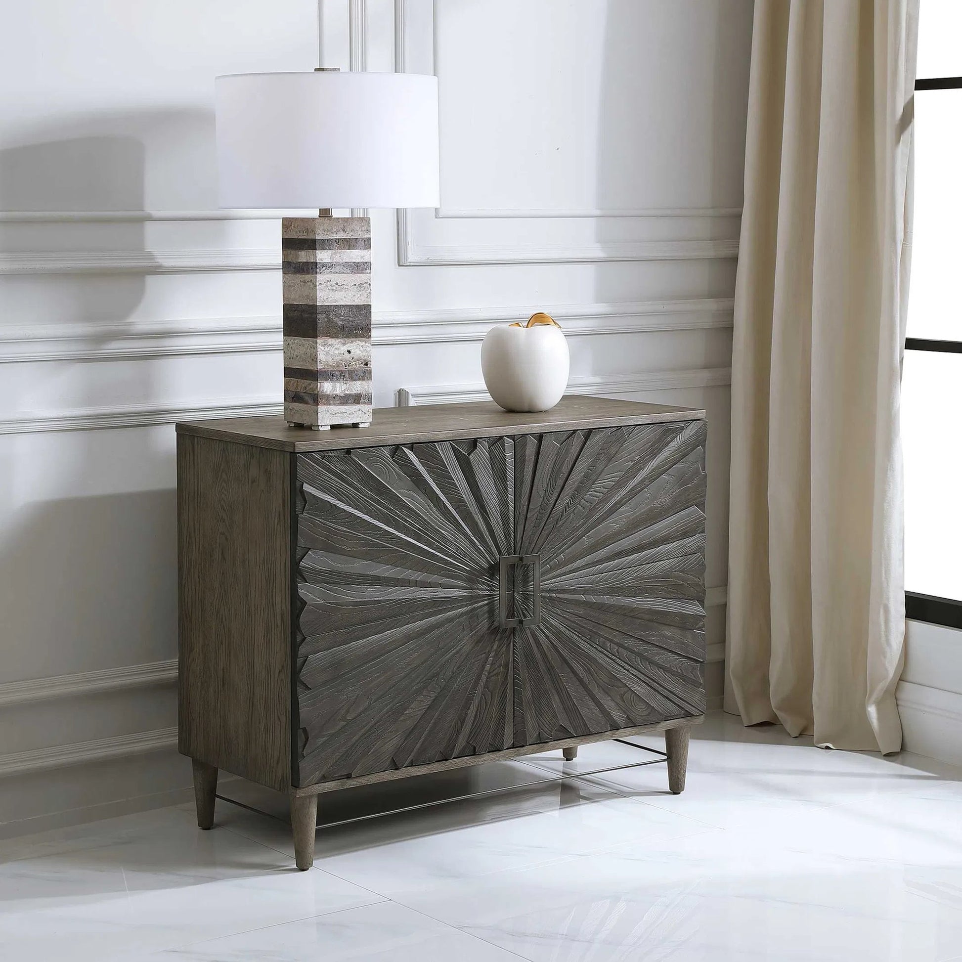 Shield Cabinet by Uttermost in gray. Made from rubber wood, oak veneer, mdf, particle board, steel in a eclectic & global style.