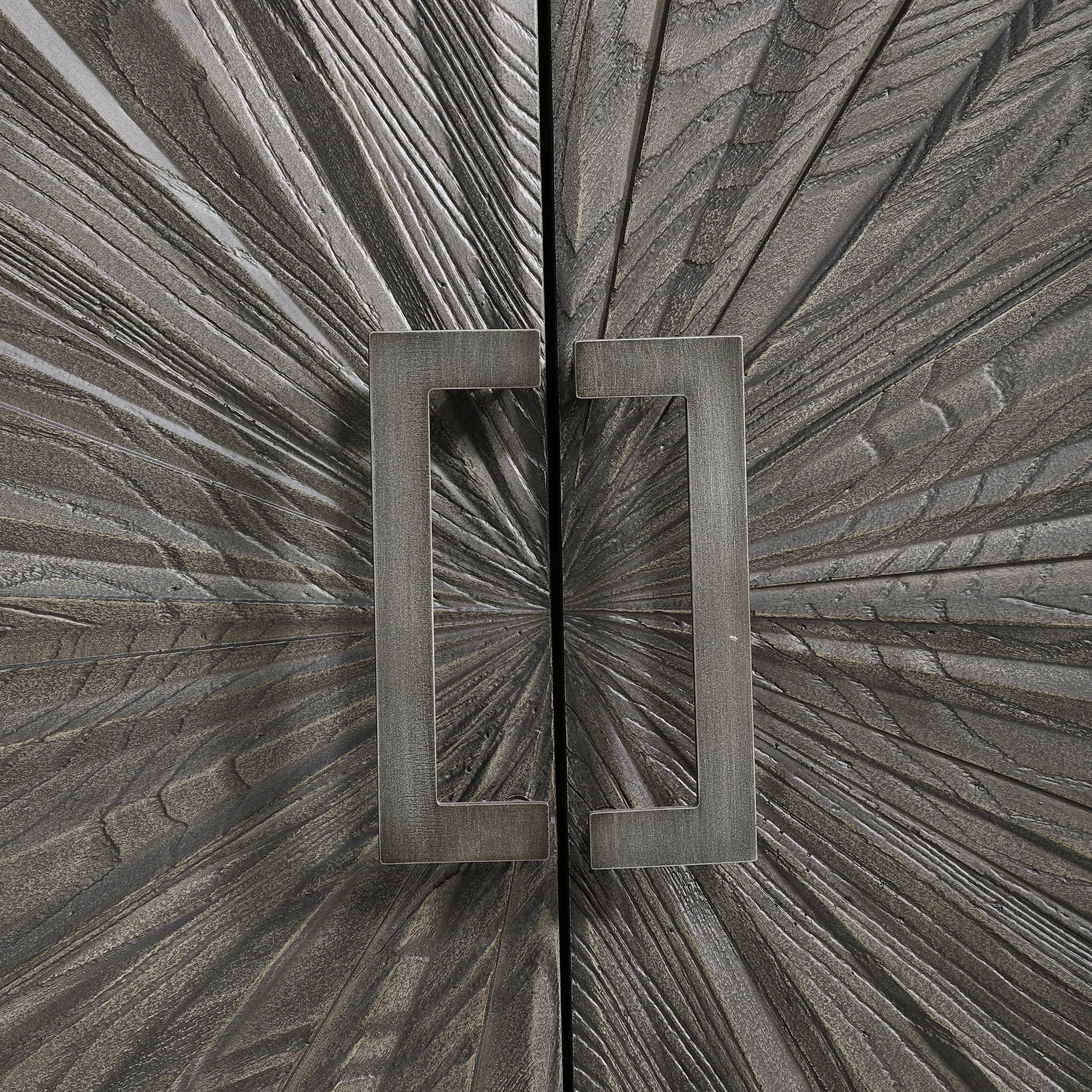 Shield Cabinet by Uttermost in gray. Made from rubber wood, oak veneer, mdf, particle board, steel in a eclectic & global style.