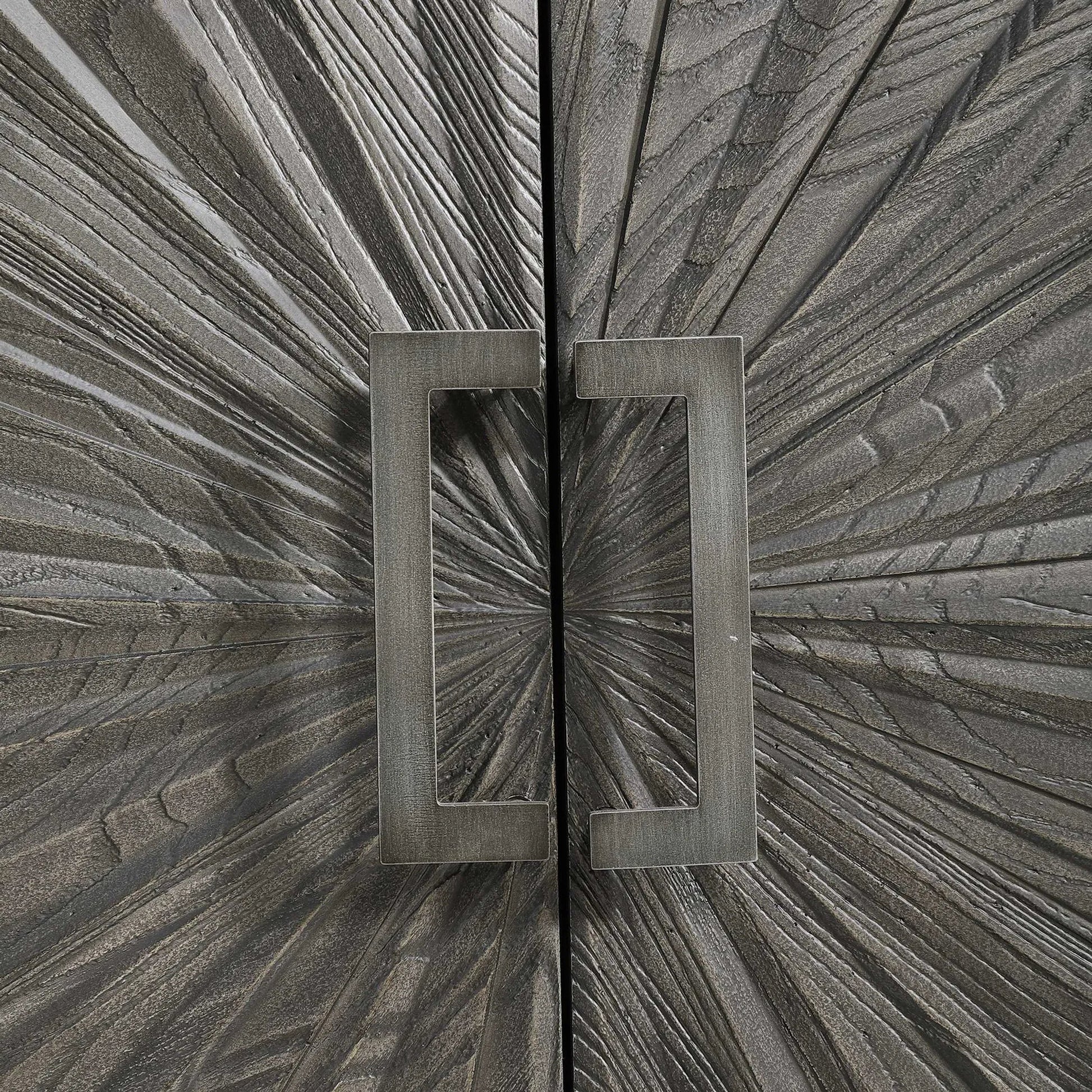 Shield Cabinet by Uttermost in gray. Made from rubber wood, oak veneer, mdf, particle board, steel in a eclectic & global style.