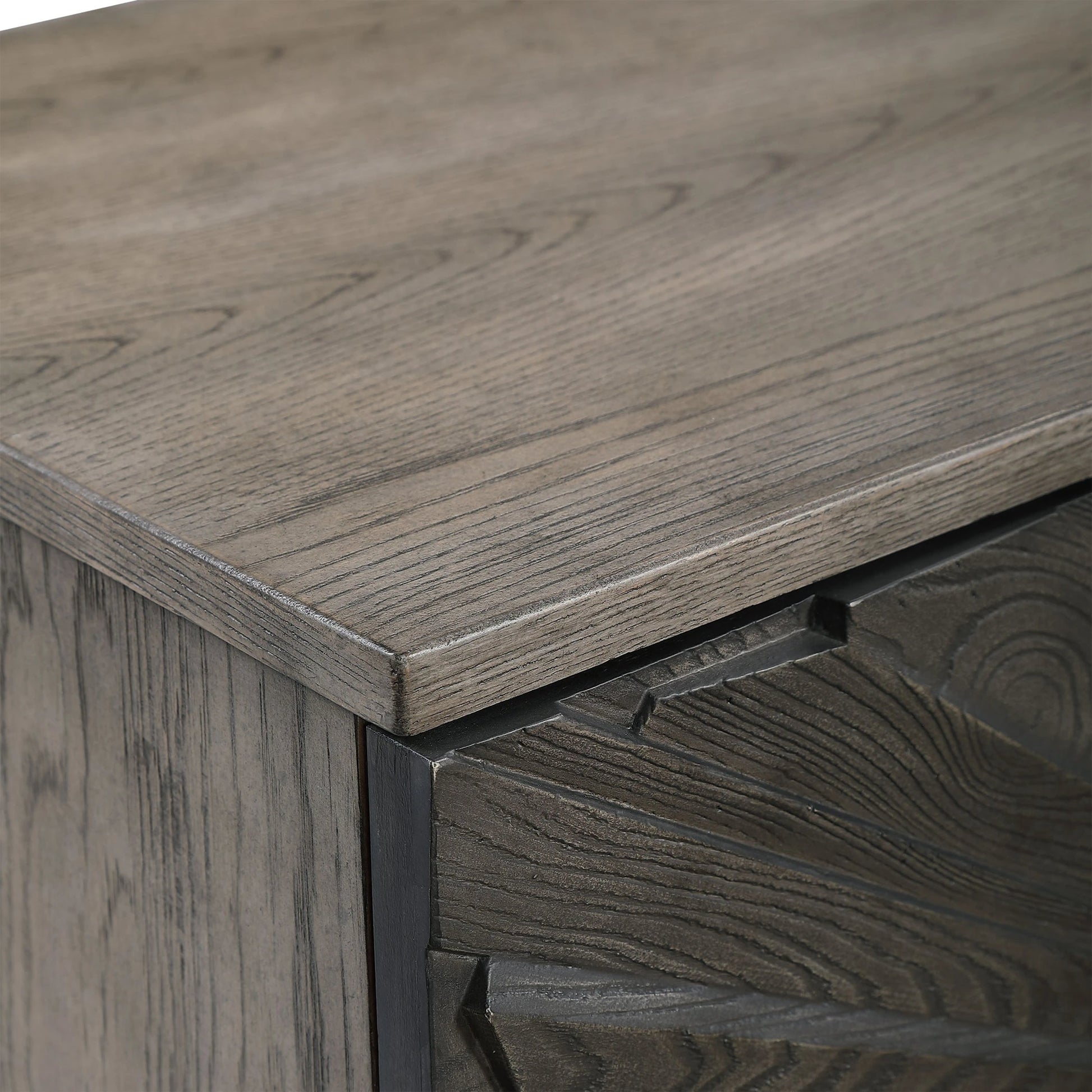 Shield Cabinet by Uttermost in gray. Made from rubber wood, oak veneer, mdf, particle board, steel in a eclectic & global style.