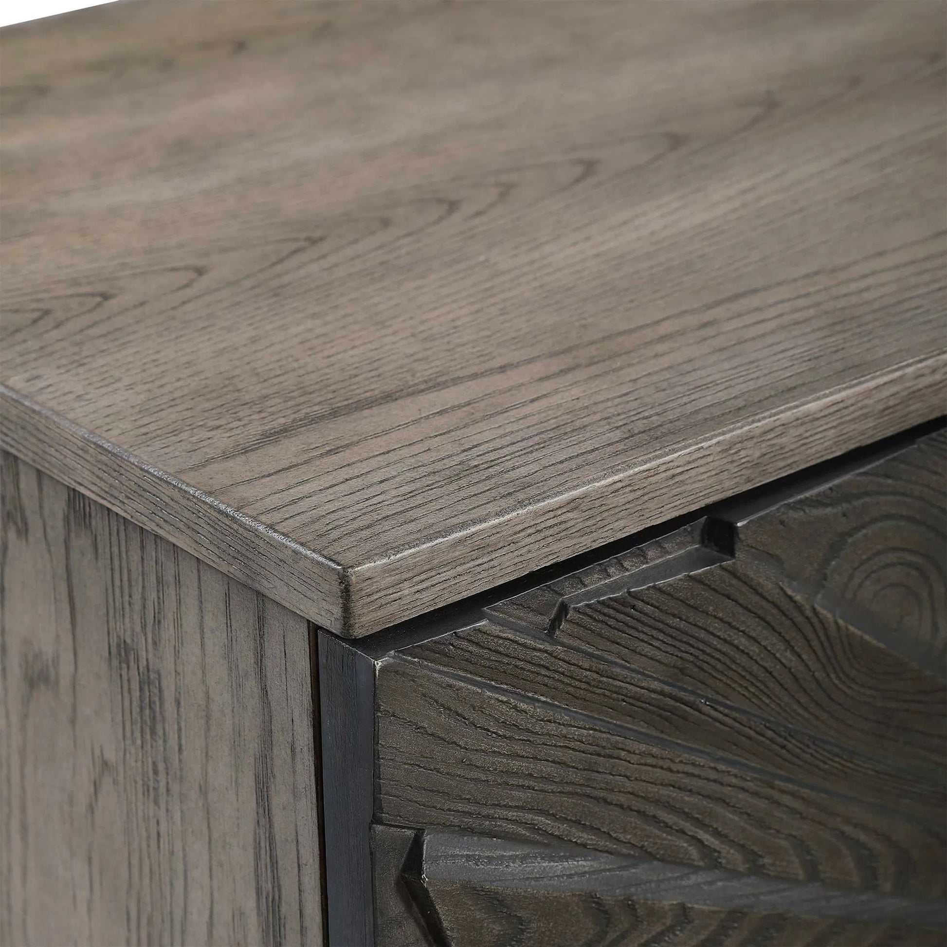 Shield Cabinet by Uttermost in gray. Made from rubber wood, oak veneer, mdf, particle board, steel in a eclectic & global style.