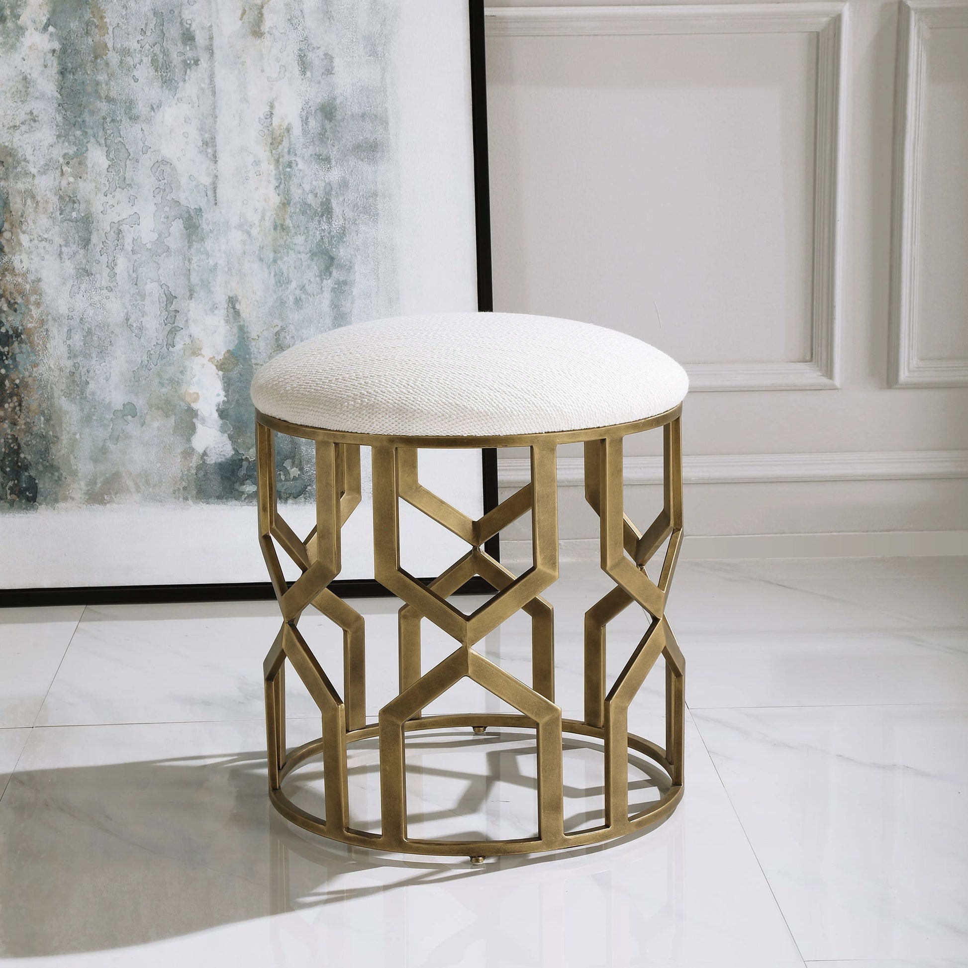 Trellis Geometric Accent Stool by Uttermost. Made from iron, mdf, fabric, foam in a transitional style.