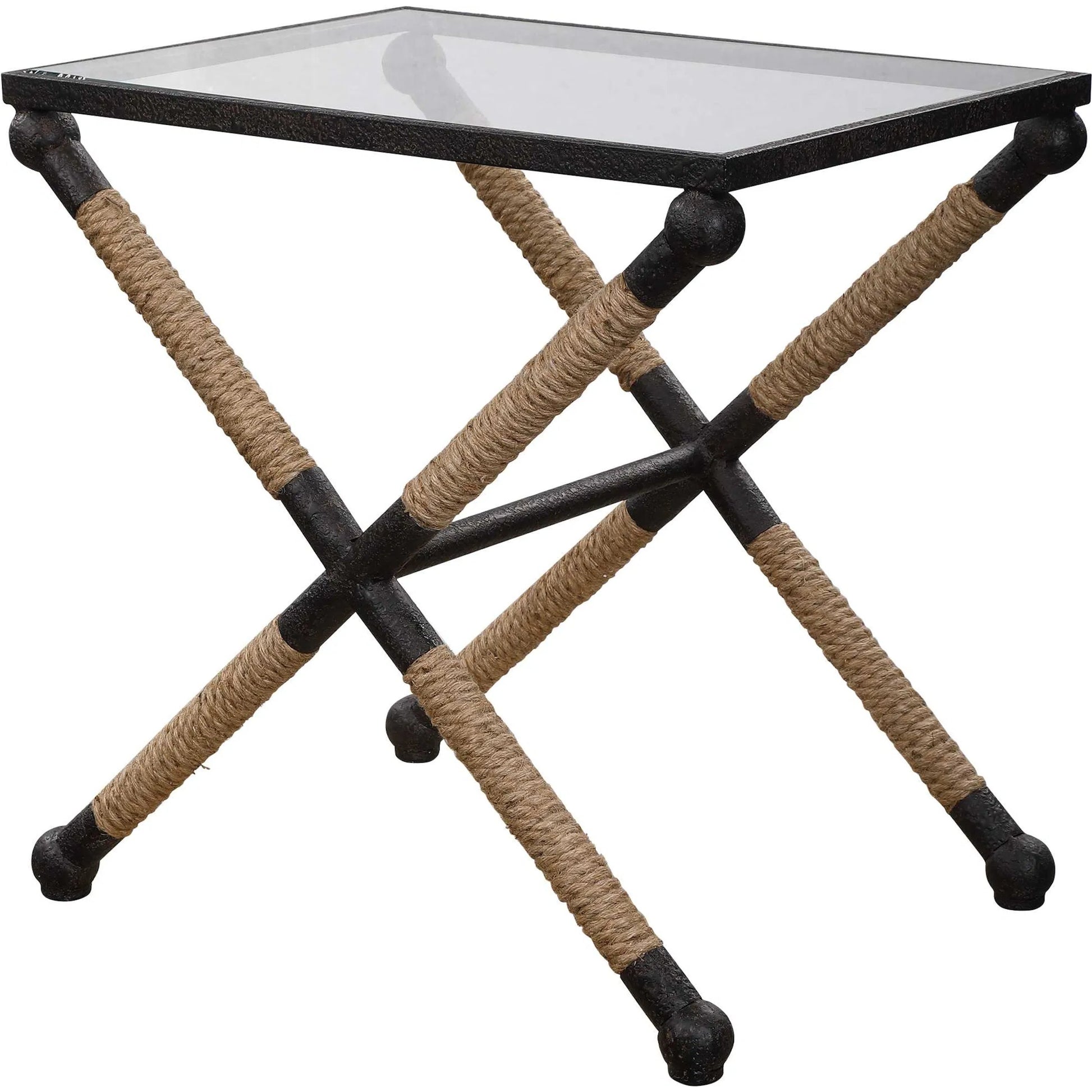 Braddock Accent Table by Uttermost. Made from iron, glass, rope in a coastal style.