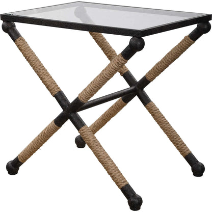 Braddock Accent Table by Uttermost. Made from iron, glass, rope in a coastal style.