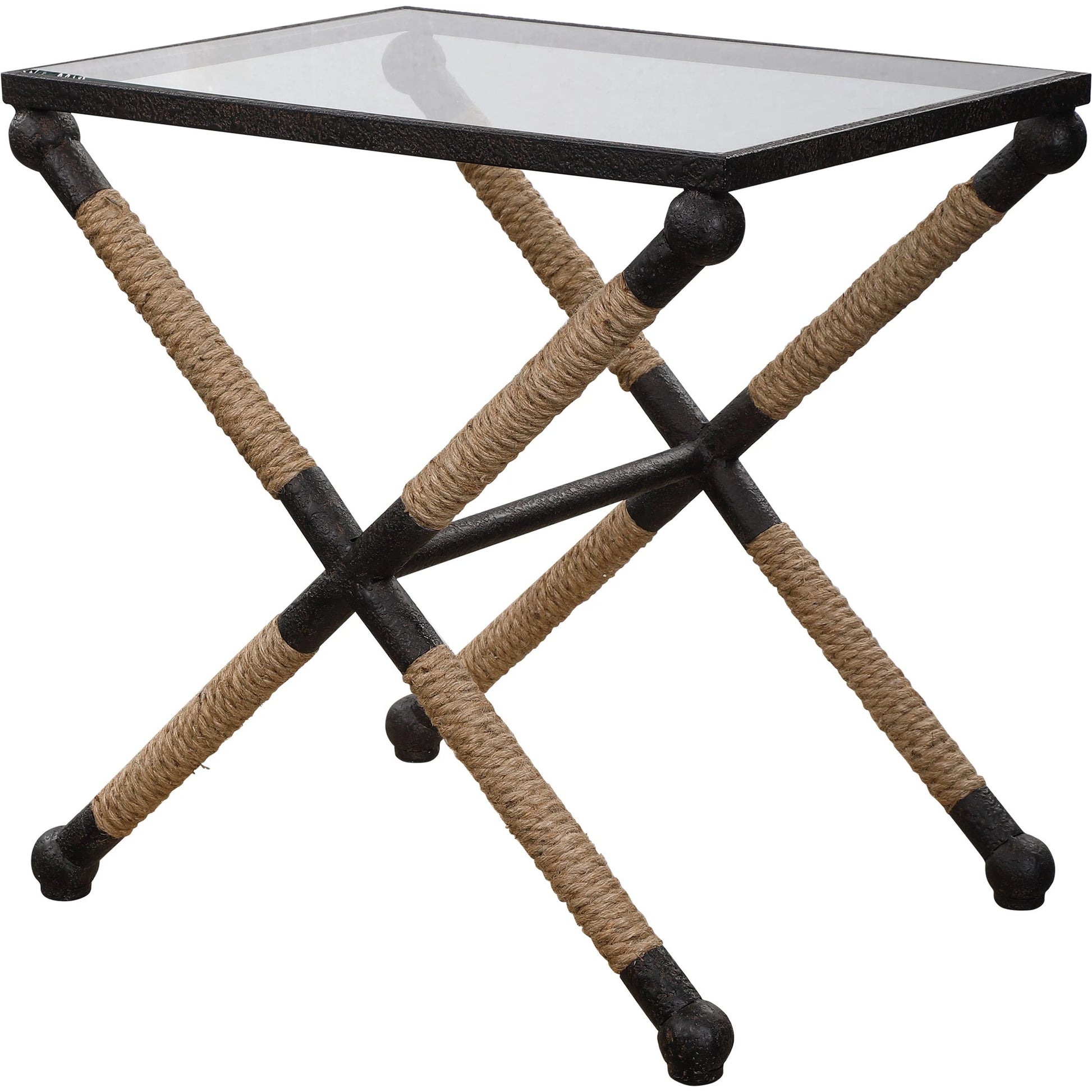 Braddock Accent Table by Uttermost. Made from iron, glass, rope in a coastal style.