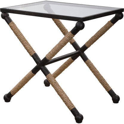 Braddock Accent Table by Uttermost. Made from iron, glass, rope in a coastal style.