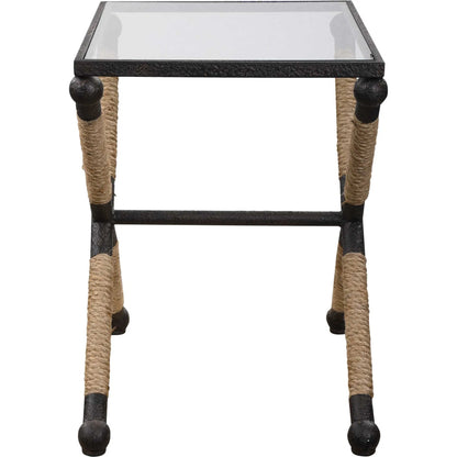 Braddock Accent Table by Uttermost. Made from iron, glass, rope in a coastal style.