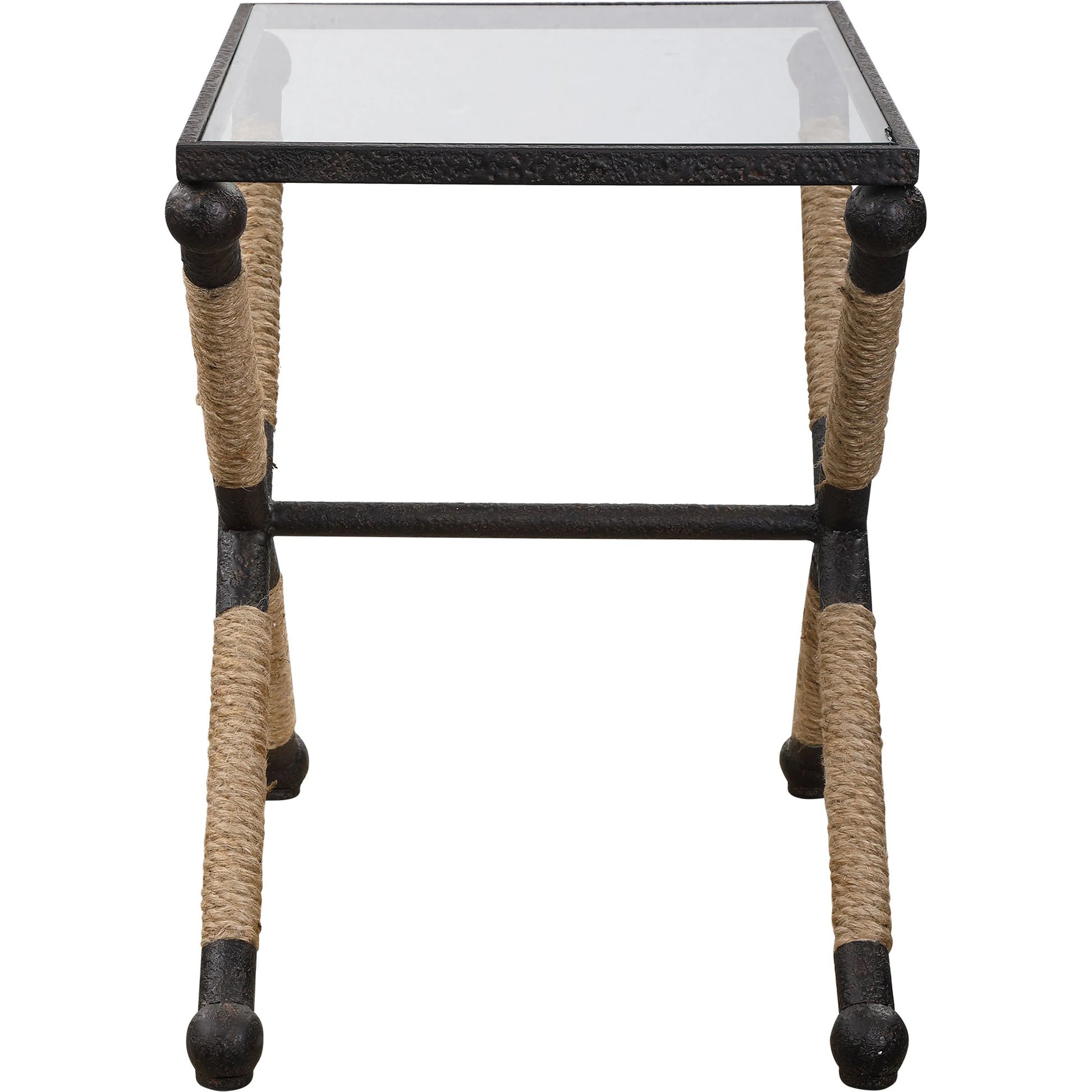 Braddock Accent Table by Uttermost. Made from iron, glass, rope in a coastal style.