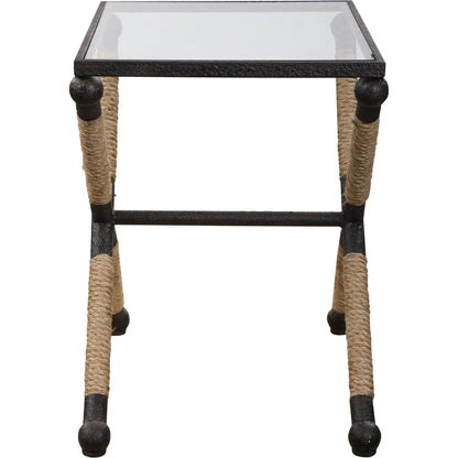 Braddock Accent Table by Uttermost. Made from iron, glass, rope in a coastal style.