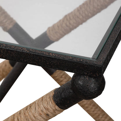 Braddock Accent Table by Uttermost. Made from iron, glass, rope in a coastal style.