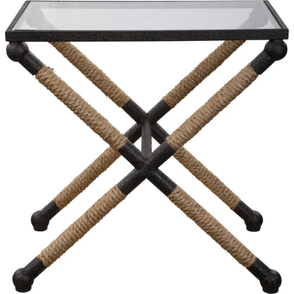 Braddock Accent Table by Uttermost. Made from iron, glass, rope in a coastal style.