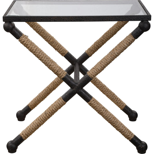 Braddock Accent Table by Uttermost. Made from iron, glass, rope in a coastal style.