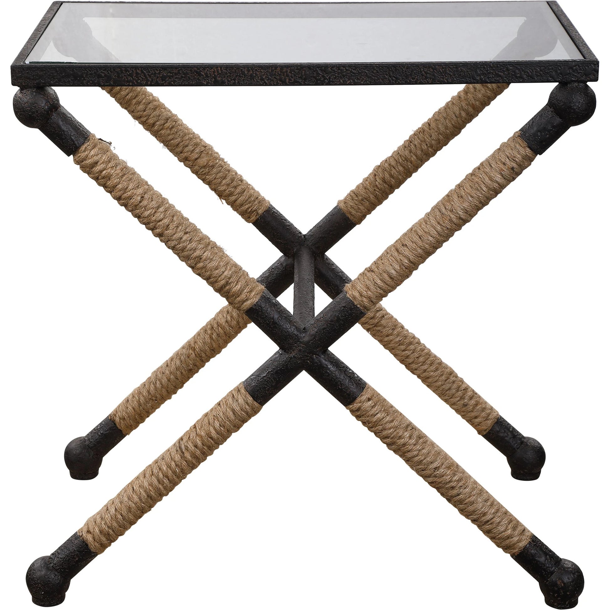 Braddock Accent Table by Uttermost. Made from iron, glass, rope in a coastal style.