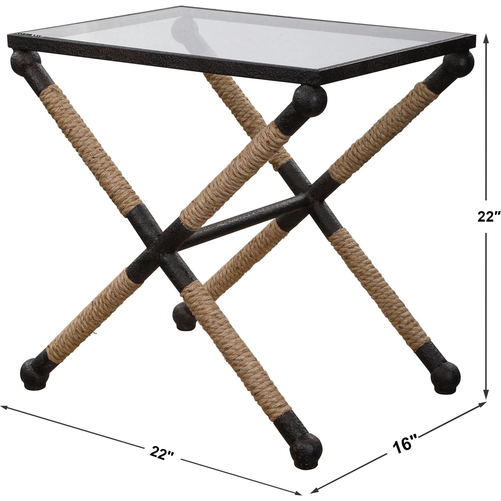 Braddock Accent Table by Uttermost. Made from iron, glass, rope in a coastal style.