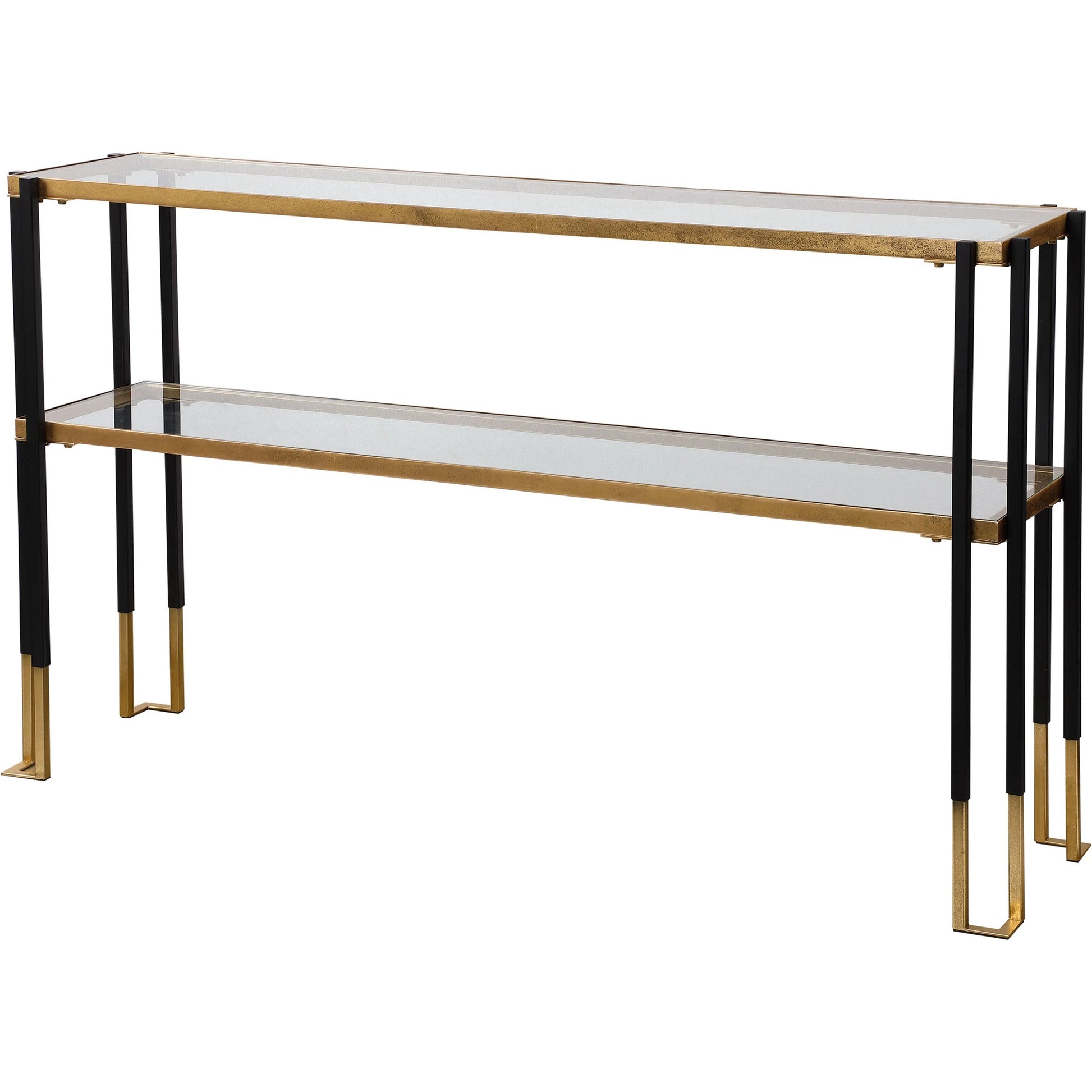 Kentmore Modern Console Table by Uttermost in matte black, brushed gold. Made from iron, glass in a transitional style.
