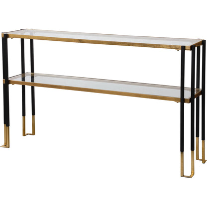 Kentmore Modern Console Table by Uttermost in matte black, brushed gold. Made from iron, glass in a transitional style.