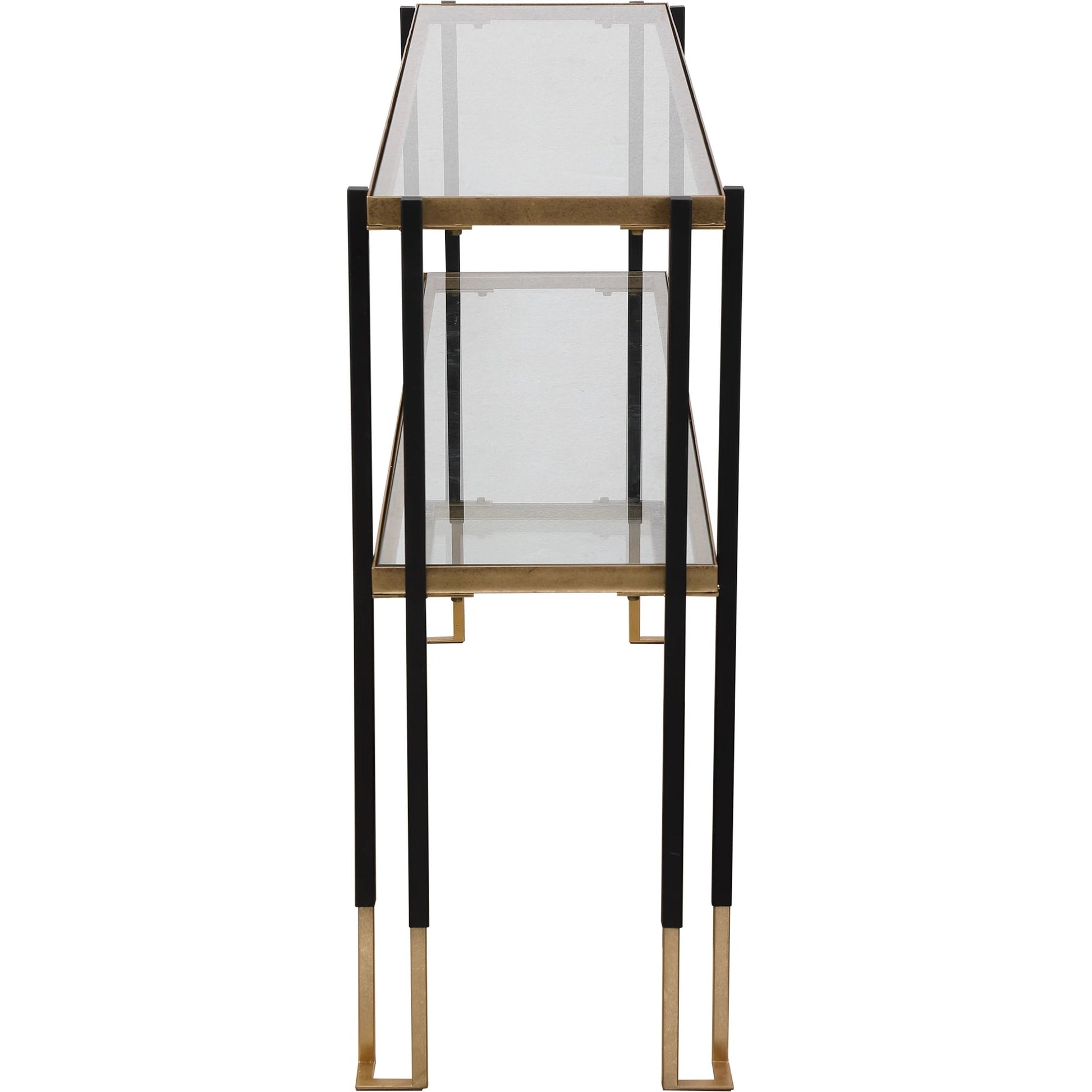 Kentmore Modern Console Table by Uttermost in matte black, brushed gold. Made from iron, glass in a transitional style.