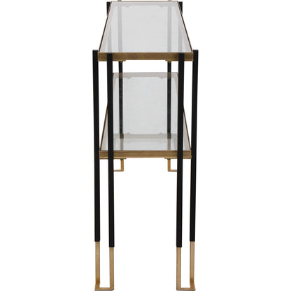 Kentmore Modern Console Table by Uttermost in matte black, brushed gold. Made from iron, glass in a transitional style.