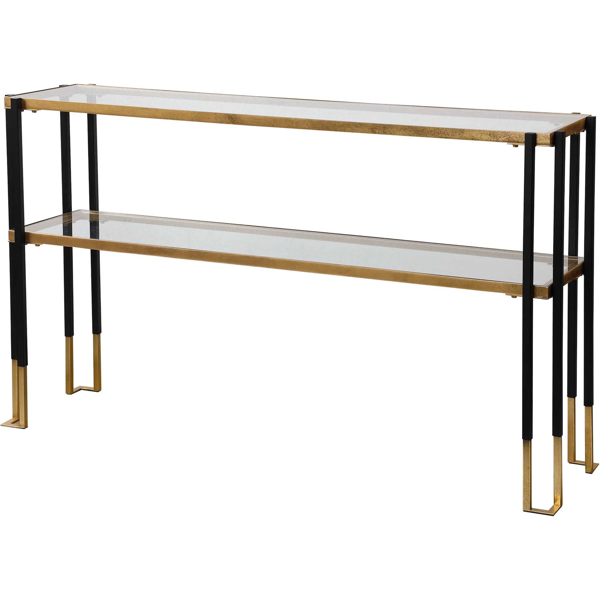 Kentmore Modern Console Table by Uttermost in matte black, brushed gold. Made from iron, glass in a transitional style.