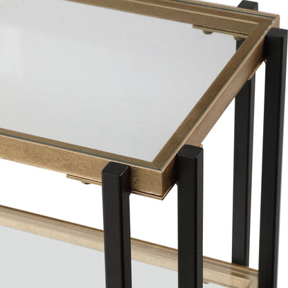 Kentmore Modern Console Table by Uttermost in matte black, brushed gold. Made from iron, glass in a transitional style.