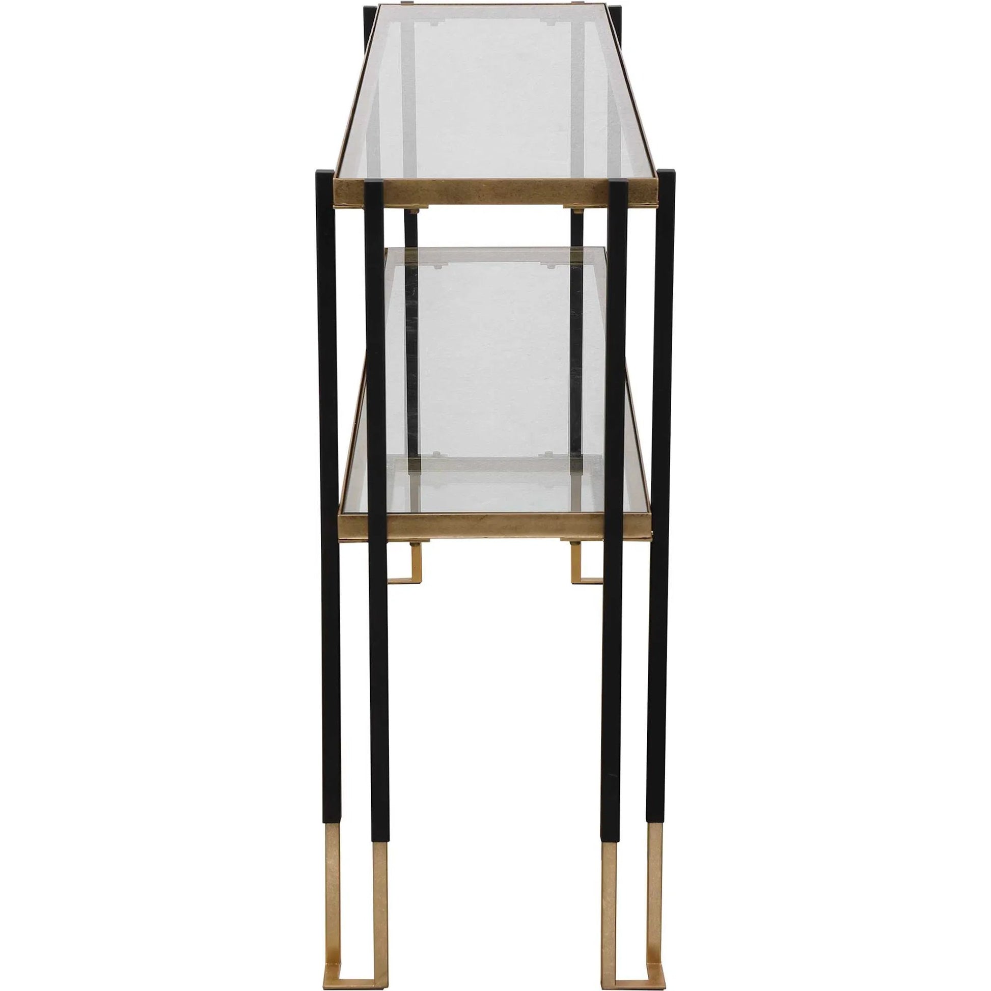Kentmore Modern Console Table by Uttermost in matte black, brushed gold. Made from iron, glass in a transitional style.