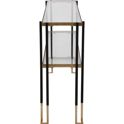 Kentmore Modern Console Table by Uttermost in matte black, brushed gold. Made from iron, glass in a transitional style.