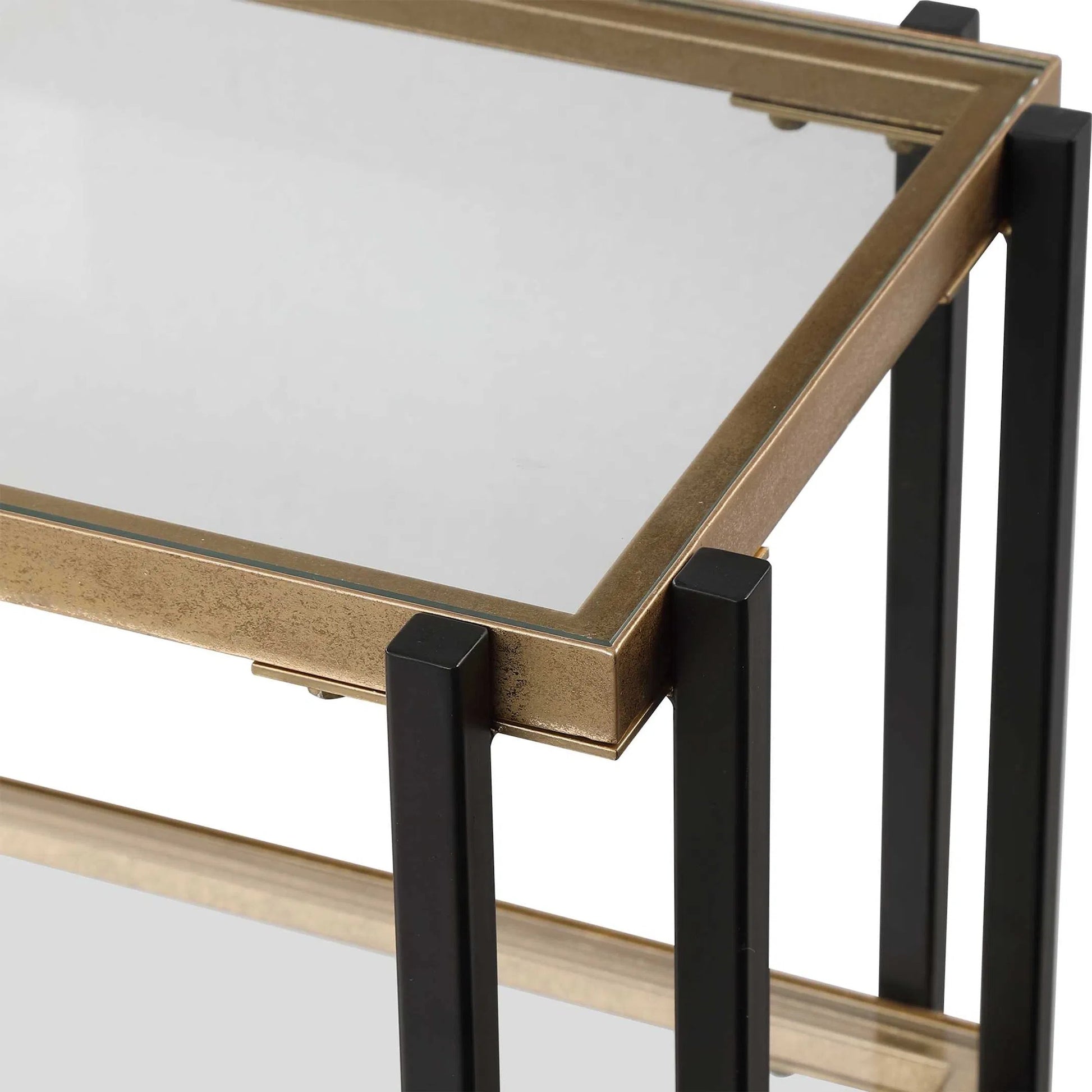 Kentmore Modern Console Table by Uttermost in matte black, brushed gold. Made from iron, glass in a transitional style.