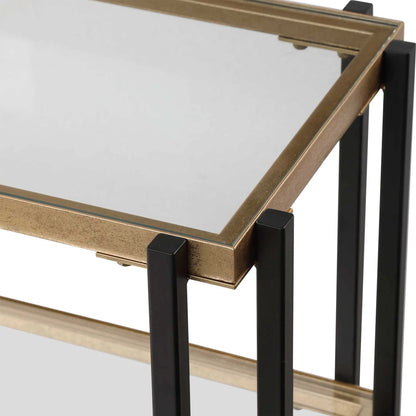 Kentmore Modern Console Table by Uttermost in matte black, brushed gold. Made from iron, glass in a transitional style.