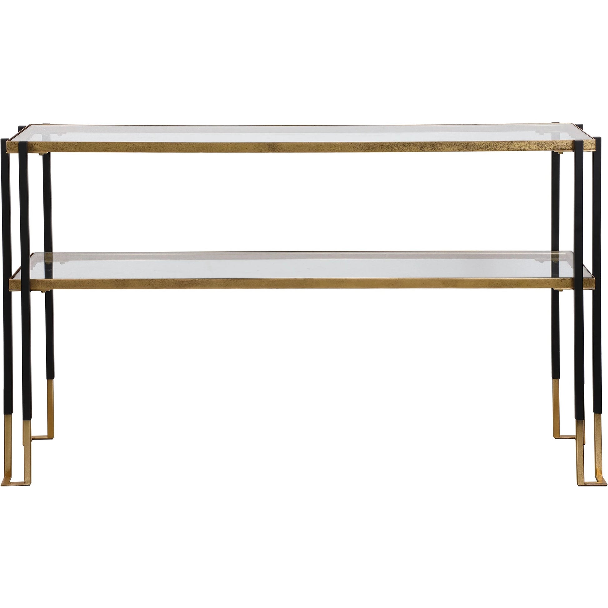 Kentmore Modern Console Table by Uttermost in matte black, brushed gold. Made from iron, glass in a transitional style.