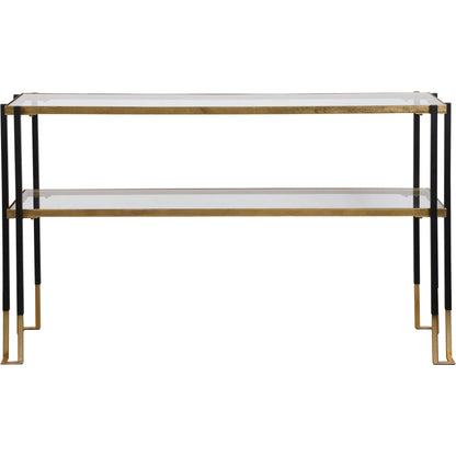 Kentmore Modern Console Table by Uttermost in matte black, brushed gold. Made from iron, glass in a transitional style.