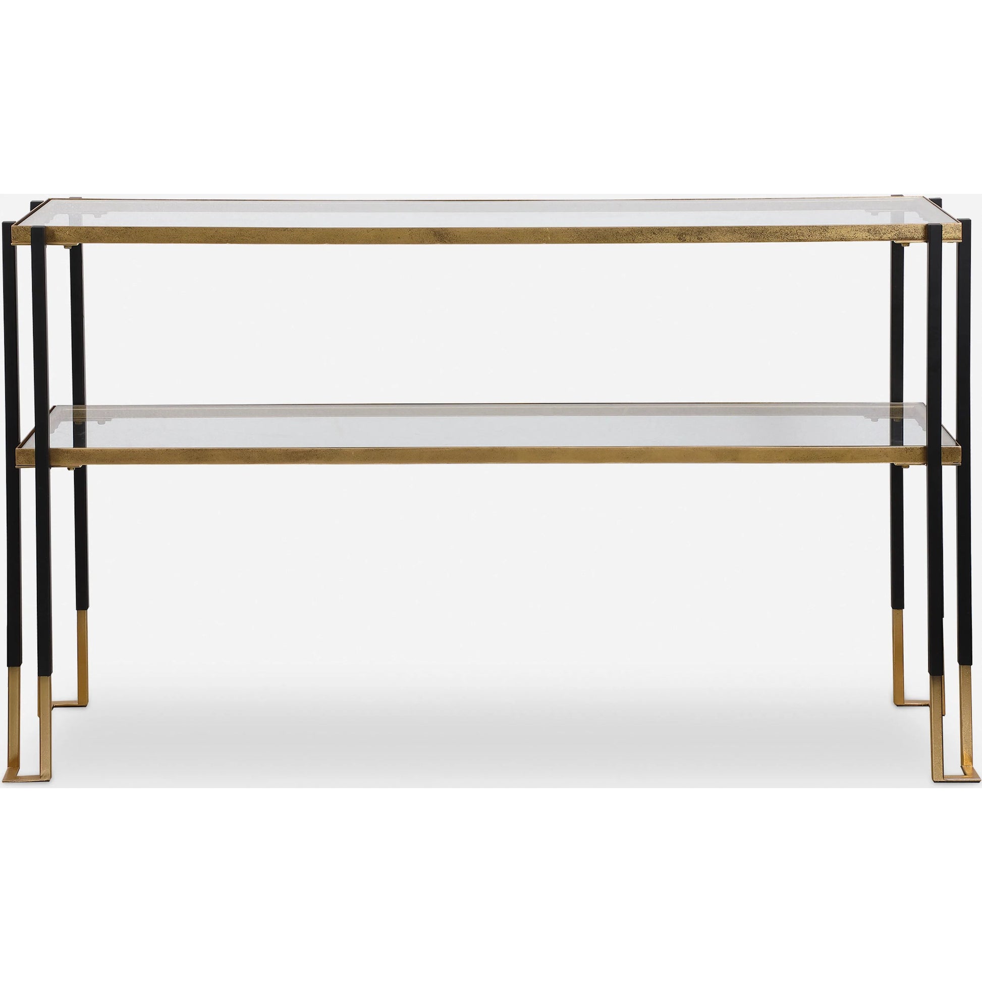 Kentmore Modern Console Table by Uttermost in matte black, brushed gold. Made from iron, glass in a transitional style.
