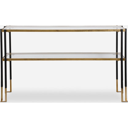 Kentmore Modern Console Table by Uttermost in matte black, brushed gold. Made from iron, glass in a transitional style.