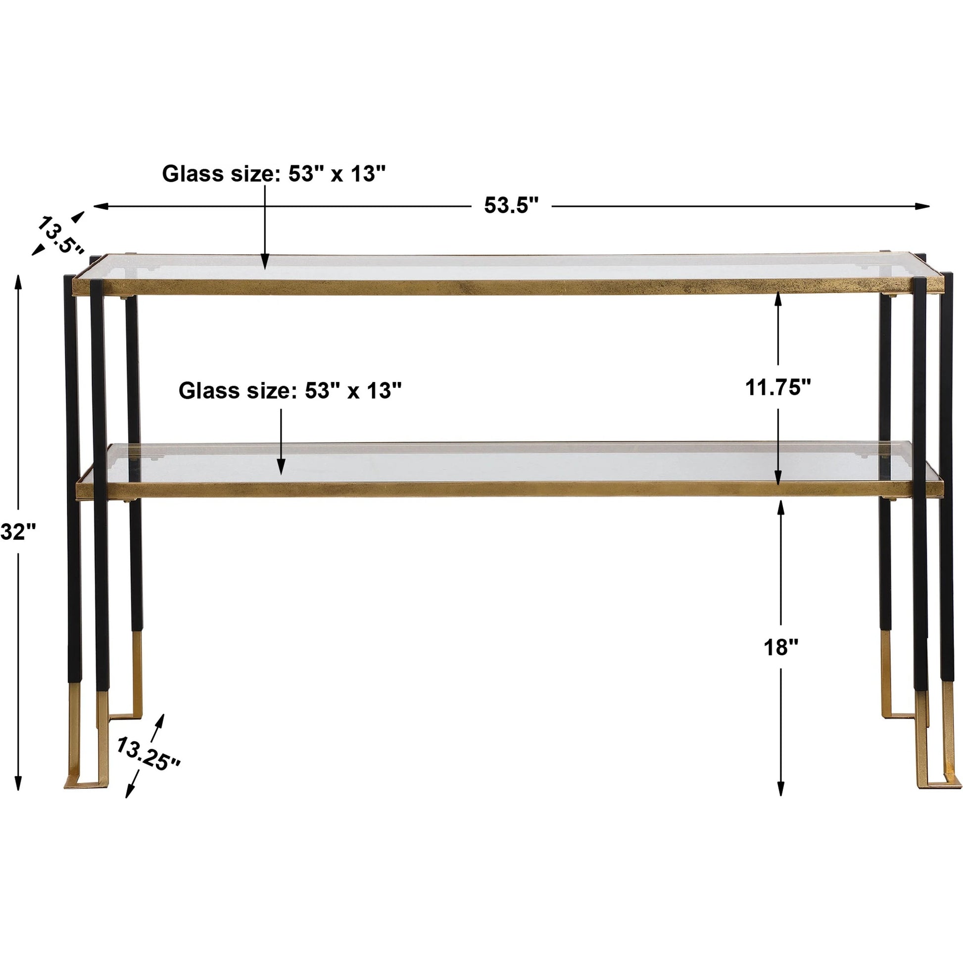 Kentmore Modern Console Table by Uttermost in matte black, brushed gold. Made from iron, glass in a transitional style.