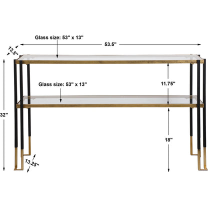 Kentmore Modern Console Table by Uttermost in matte black, brushed gold. Made from iron, glass in a transitional style.